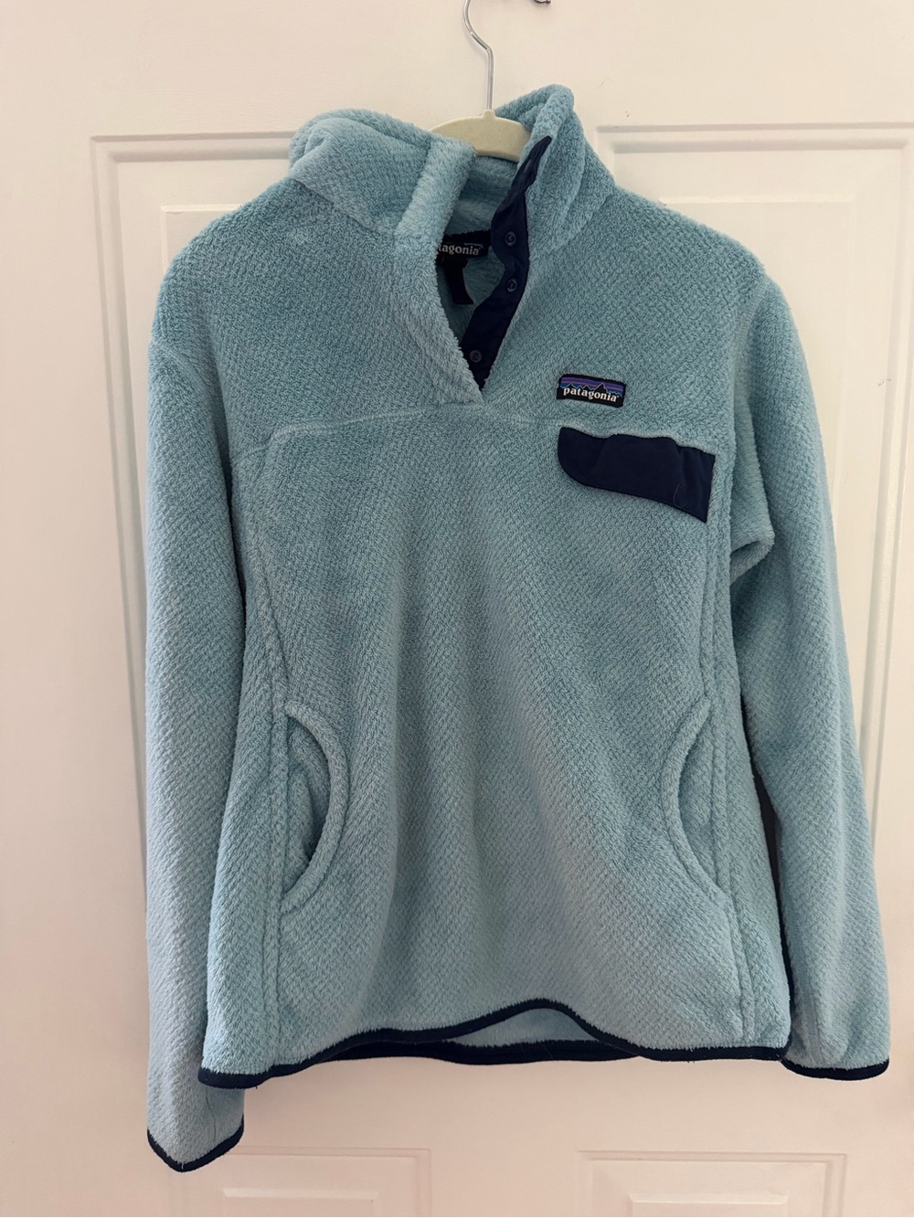 Patagonia Light Blue Fleece Pullover with Navy Trim
